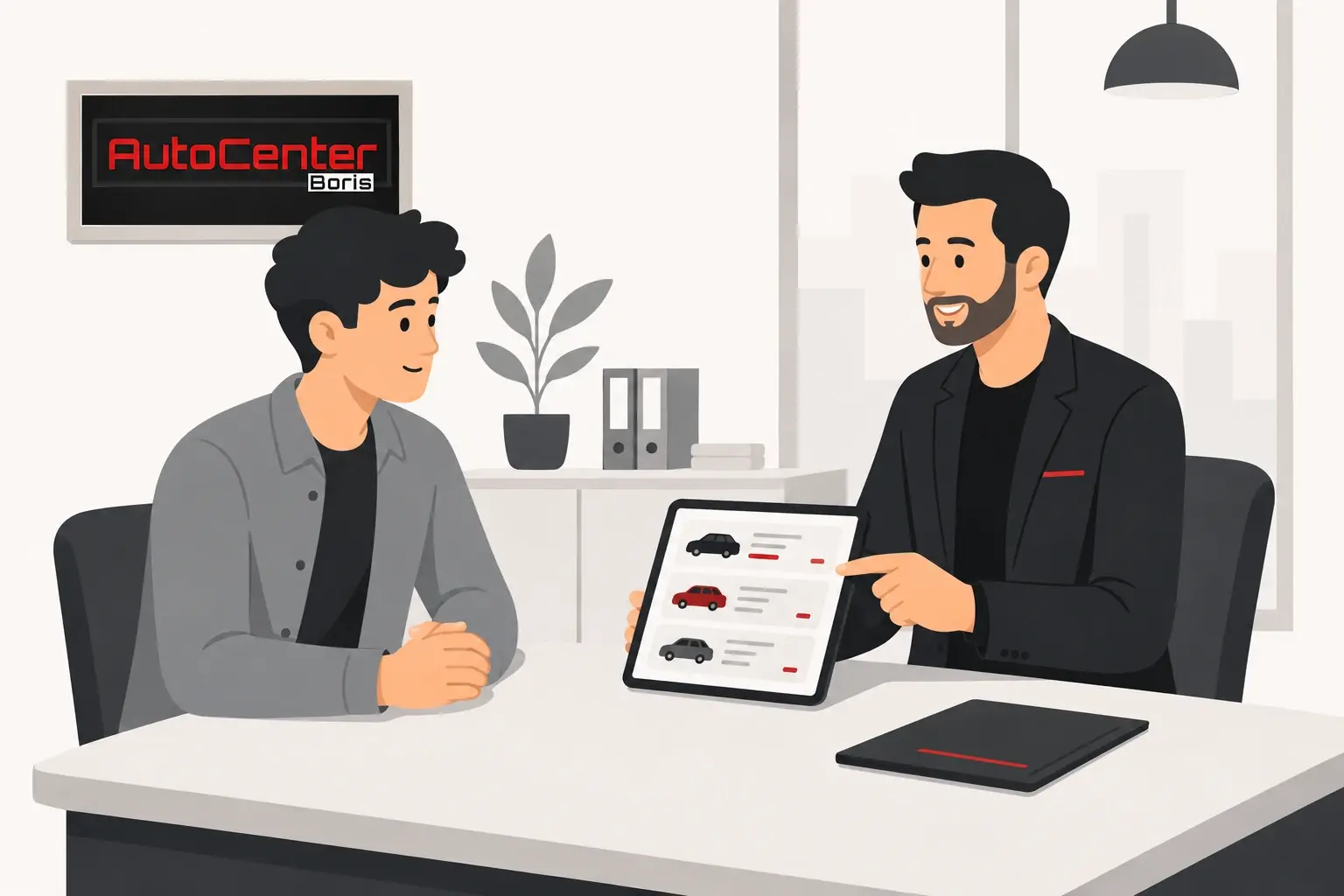AutoCenter-Berater zeigt einem Kunden passende Fahrzeuge auf einem Tablet