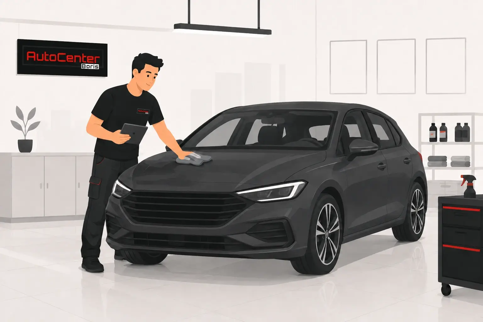 AutoCenter-Mitarbeiter bereitet ein Fahrzeug sorgfältig für die Übergabe vor